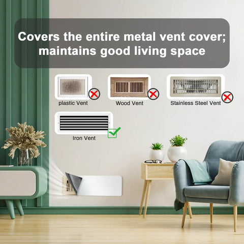 Room with Magnetic Ceiling Vent Covers 3 Pack 5.5 x 12 Inch for Metal Vents Ceiling Wall Floor, displayed over iron vent.