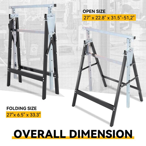 Two Pack Saw Stand Sawhorse With Adjustable Seven Level Quick Build Foldable Heavy Duty Miter Saw Stand Max Capacity 440 Lbs Black and Chrome in open and folded positions