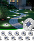 12 LED Solar Disk Lights illuminating garden walkway with bright white light and waterproof housing, featuring a 4.5 x 5.1 inch panel