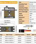 Specifications chart for Waterproof Brushless RC Servo High Torque 70kg, showing dimensions, weight, and performance features.