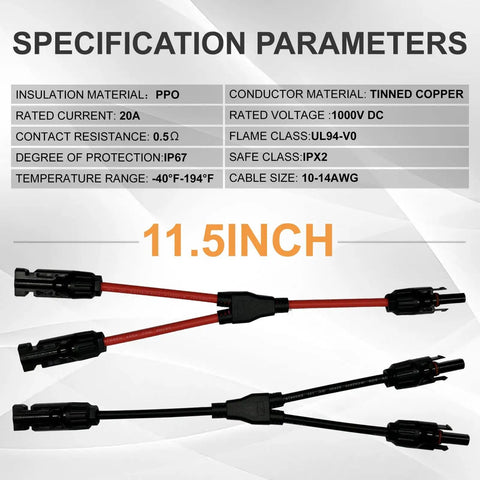 Y Branch Solar Connector Kit For Panels For Parallel Wiring M FF And F MM Adapters 1 Pair Copper Tinned Cores 11.5 inch