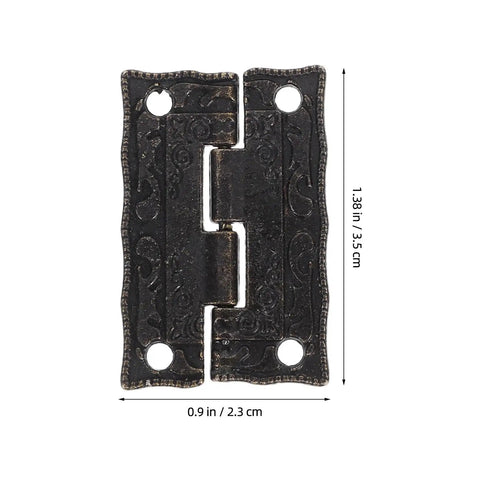 Close-up of dark brown metal hinge from Vintage Printed Antique Cabinet Hinges 10 Pack For Small Jewelry Boxes And Wooden Craft Boxes Decorative Hardware