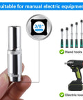 Six Piece 10 Millimeter Deep Socket Set, 6 Point, Three Eighths Inch Drive, Chrome Vanadium Steel held by a hand