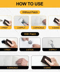 Instructions showing All In One Drywall Repair Kit With 12.2 Oz Putty 2 Inch And 4 Inch Patches Sanding Block Scraper Squeegees Gloves