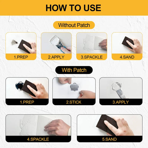 Instructions showing All In One Drywall Repair Kit With 12.2 Oz Putty 2 Inch And 4 Inch Patches Sanding Block Scraper Squeegees Gloves