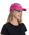 Woman wearing Dope Lil Bit Emo Yeehaw Style Hat For Women Adjustable Cap With Front Artwork, magenta color, side view
