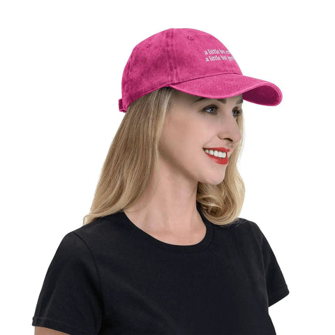Woman wearing Dope Lil Bit Emo Yeehaw Style Hat For Women Adjustable Cap With Front Artwork, magenta color, side view