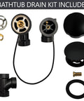 Heavy Duty Abs Bath Drain Trim Kit Featuring Cable Driven Pop Up Stopper With Rotary Overflow Knob, includes matte black components.