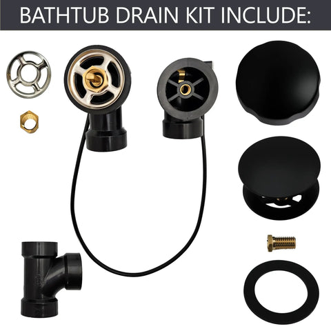 Heavy Duty Abs Bath Drain Trim Kit Featuring Cable Driven Pop Up Stopper With Rotary Overflow Knob, includes matte black components.