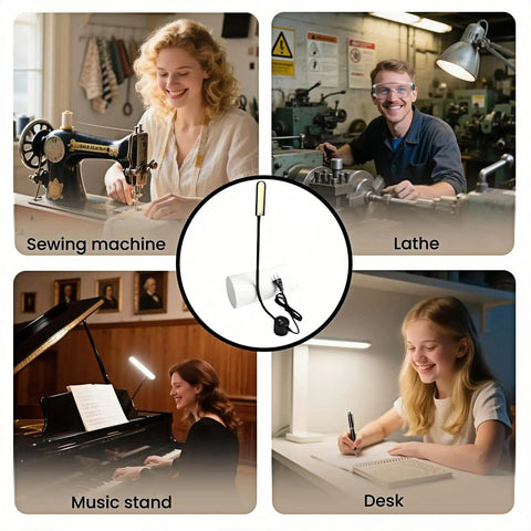 30 LED Sewing Machine Light With Strong Magnetic Base And Fully Flexible Silicone Neck Task Lamp, shown in various setups