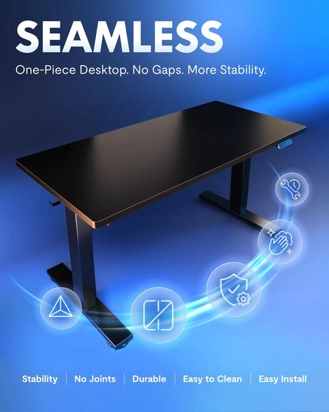 One-Piece Electric Standing Desk With Four Memory Presets, 176 Lb Capacity, Ultra Quiet Lift, Seamless 48 By 24 Inch Desktop, Perfect For Home Office And Dual Monitor Setups, Stable, Sturdy, Black Finish shown from above