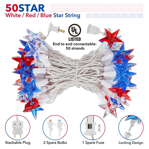 Lit Fourth Of July Decor Red White Blue Stars String Lights 17Ft 50 LED Waterproof Connectable for Patriotic Outdoor Use