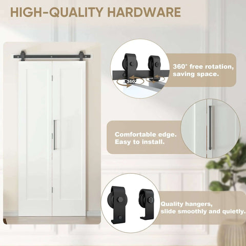 36 in. by 84 in. Bi-Fold Door Set With Hardware Kit, Shaker Style Flat Panel Primed Door, DIY Friendly, installation features highlighted