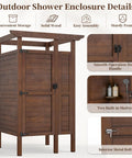 All Weather Solid Wood Outdoor Shower Enclosure With Storage Shelf And Lockable Door For Poolside Backyard Beach Use And Outdoor Changing Room, detailed shot showing solid wood panels, lockable door, and built-in shelves.