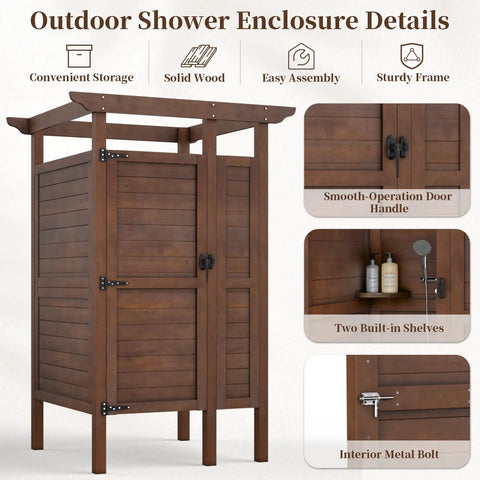 All Weather Solid Wood Outdoor Shower Enclosure With Storage Shelf And Lockable Door For Poolside Backyard Beach Use And Outdoor Changing Room, detailed shot showing solid wood panels, lockable door, and built-in shelves.