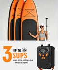 Electric Paddle Board Pump With Dual Stage Inflation 20 PSI High Pressure Rechargeable SUP Pump next to orange stand-up paddle boards
