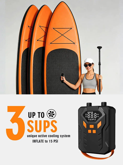 Electric Paddle Board Pump With Dual Stage Inflation 20 PSI High Pressure Rechargeable SUP Pump next to orange stand-up paddle boards