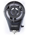 Top view of Single Burner Portable Propane Stove for Outdoor Cooking 15000 BTU with metal grate and adapter hose outlet