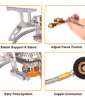Close-up views of Portable Camping Gas Stove With 1Lb Propane Tank Adapter Foldable Backpacking Stove With Piezo Ignition features.