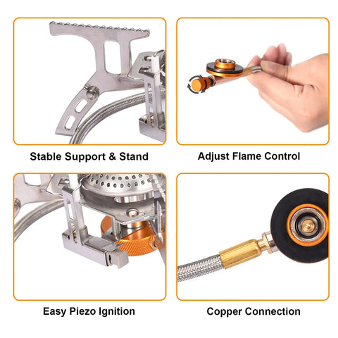 Close-up views of Portable Camping Gas Stove With 1Lb Propane Tank Adapter Foldable Backpacking Stove With Piezo Ignition features.