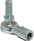 Garage-Tested Three-Piece Spherical Rod End Bearing With Right Angle Y-Stud And Regreasable Bronze Race close-up view of chrome steel ball and threaded shaft.