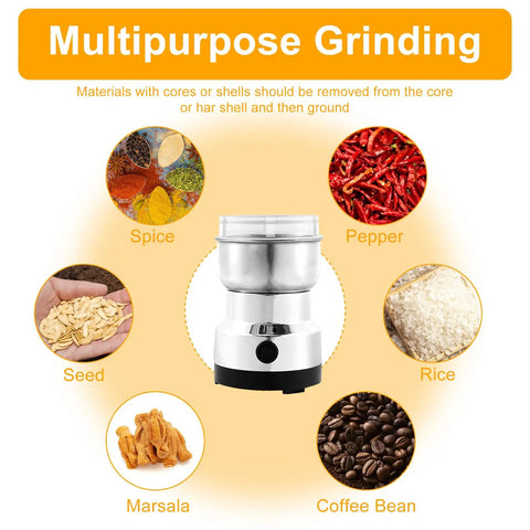 Smooth Electric Burr Coffee Grinder And Stainless Steel Spice Mill For Beans Peppers Herbs With Lightning Fast One Button Grinding And A Roomy 300ml Catch Cup Major Kitchen Flex showcasing multipurpose grinding for spices and herbs.