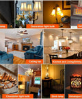 Collage of dimmable LED light applications in various settings including chandeliers, ceiling fans, and wall lamps.