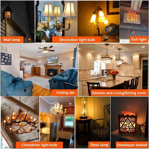 Collage of dimmable LED light applications in various settings including chandeliers, ceiling fans, and wall lamps.