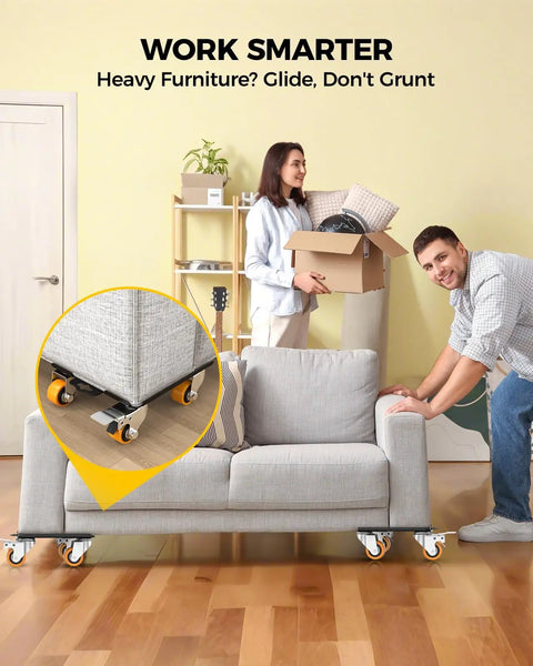 Heavy Duty Furniture Dolly Featuring Silent Smooth Rollers And Slick Floor Friendly Plate for easy moving of a couch.