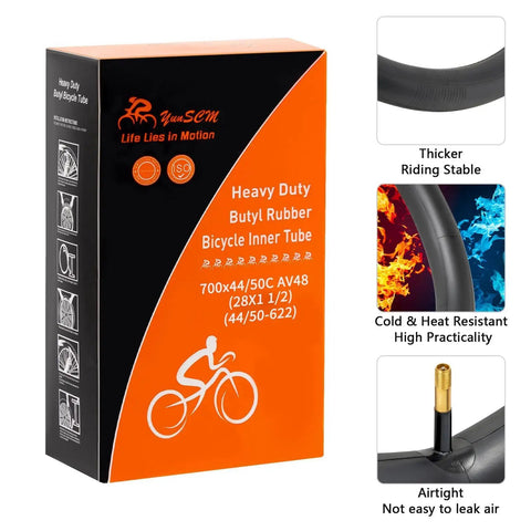 Heavy Duty 700C Bike Inner Tubes 44C To 50C AV48 Schrader Valve 2 Pack packaging with features