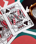Close-up of Premium Roulette Casino Playing Cards Crafted For Magicians And Card Sharks Featuring Dope Vintage Graphics on a vibrant table.