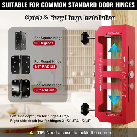 Essential Door Hinge Jig And Lock Installation Kit, Heavy Duty Aluminum Template, suitable for square and round hinges with radius markings.