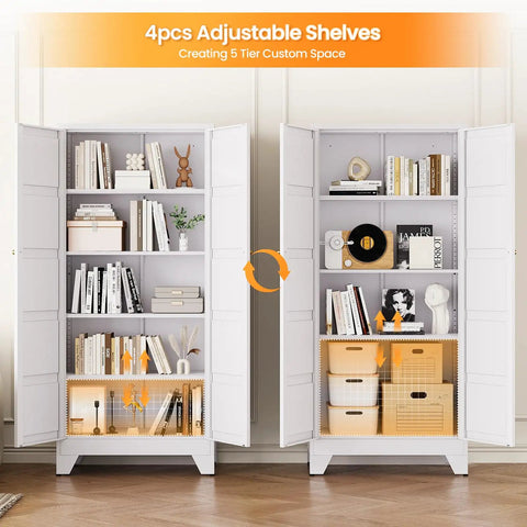 71 Inch Tall White Freestanding Kitchen Cabinet With Two Doors And Four Adjustable Shelves shown with books and decor