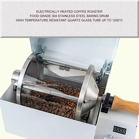 Rock Solid Home Coffee Roaster Featuring Quartz Heating Tube Adjustable Temperature Settings For Fresh Morning Beans Stainless Steel Electric Roasting Machine with coffee beans in glass drum.