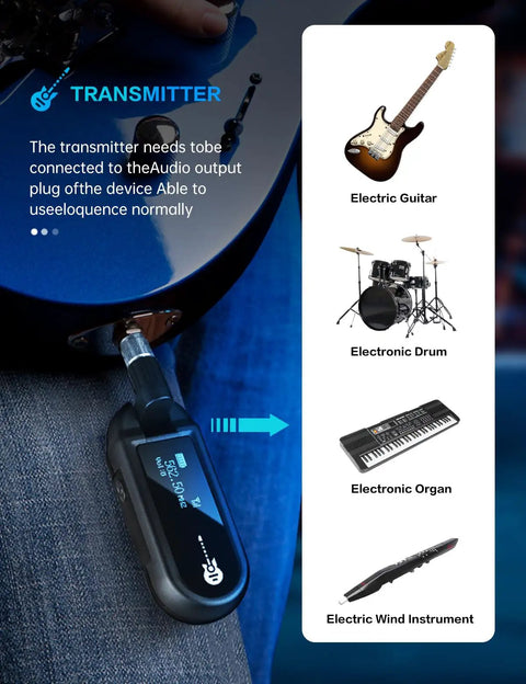 UHF Wireless Guitar System With Rechargeable Transmitter And Receiver, 20 Channel Band for various electric instruments