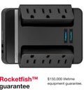 6 Outlet 2 USB Swivel Wall Tap Surge Protector With 2100 Joules, flat view showing 6 outlets, USB ports, and Rocketfish guarantee.