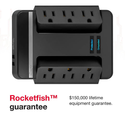 6 Outlet 2 USB Swivel Wall Tap Surge Protector With 2100 Joules, flat view showing 6 outlets, USB ports, and Rocketfish guarantee.
