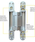 Concealed 3D Adjustable Invisible Hinge Set Of Two Up To 352 Lbs Per Door Satin Chrome For Frameless Doors front view adjustment details