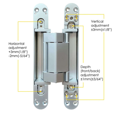 Concealed 3D Adjustable Invisible Hinge Set Of Two Up To 352 Lbs Per Door Satin Chrome For Frameless Doors front view adjustment details