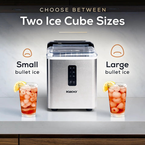 Compact Stainless Steel Ice Maker Cranks Out 26 Pounds Daily With Auto Clean Function And Led Display for smoothies, with two ice cube sizes.