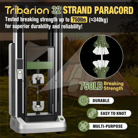 Testing machine displaying Tough As Nails Paracord Rope 750 Lb Tensile Strength 4Mm Parachute Cord breaking strength at 750 lbs