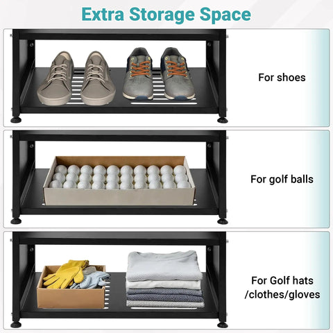 Two Bag Golf Bag Organizer Wall Mount Or Freestanding With Four Club Racks Ten Hooks And Storage Shelf Adjustable Feet Space Saving Stand For Garage Store Club Shed showing storage shelves with shoes, golf balls, and hats displayed.