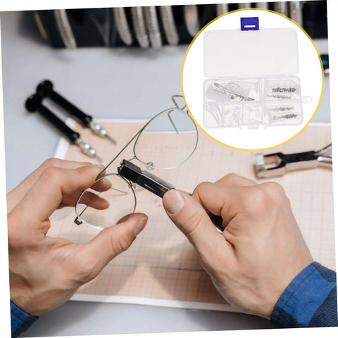 Person using All In One DIY Eyeglass Repair Tools Kit With Nose Pad Screws And Maintenance Gear for eyeglass repair