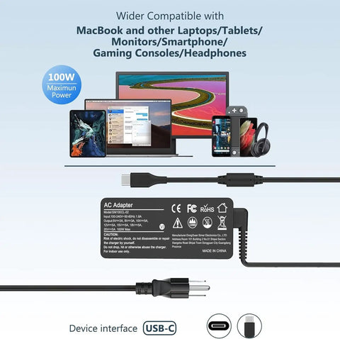 100W USB C Power Adapter Fast Charger For MacBook Pro Air 13 14 15 16 Inch And Other Laptops Like Lenovo Acer Dell Asus PD 3.0 Universal charger with cable