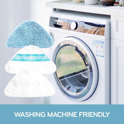 HD Steam Mop Floor Pad 3 Pack Replacement Set next to washing machine for versatile cleaning on hardwood, ceramic, vinyl.