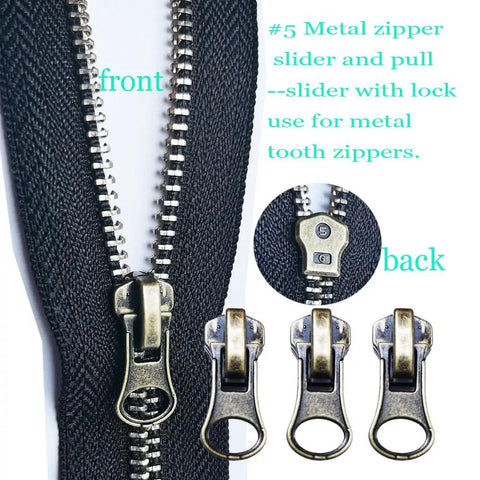 Front and back view of size 5 metal tooth zipper slider with lock from the Zipper Repair Kit 39 Piece Set With Size Five Sliders And Pulls Metal Zippers Retainer Box Insertion Pins Top And Bottom Stops For Nylon Coil Zippers On Jackets Bags And More DIY Fix.