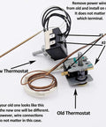 Gas Range Oven Thermostat Replacement For WB20K10023 And WB20K8 showing old and new thermostats with wires and labels
