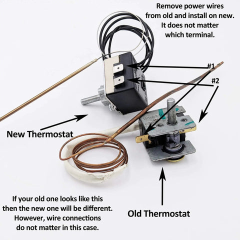 Gas Range Oven Thermostat Replacement For WB20K10023 And WB20K8 showing old and new thermostats with wires and labels