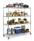 Heavy Duty 5-Tier Wire Storage Rack On Wheels, Tool-Free Assembly, Each Shelf Supports 250 Kg, metal shelves with various items