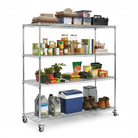 Heavy Duty 5-Tier Wire Storage Rack On Wheels, Tool-Free Assembly, Each Shelf Supports 250 Kg, metal shelves with various items